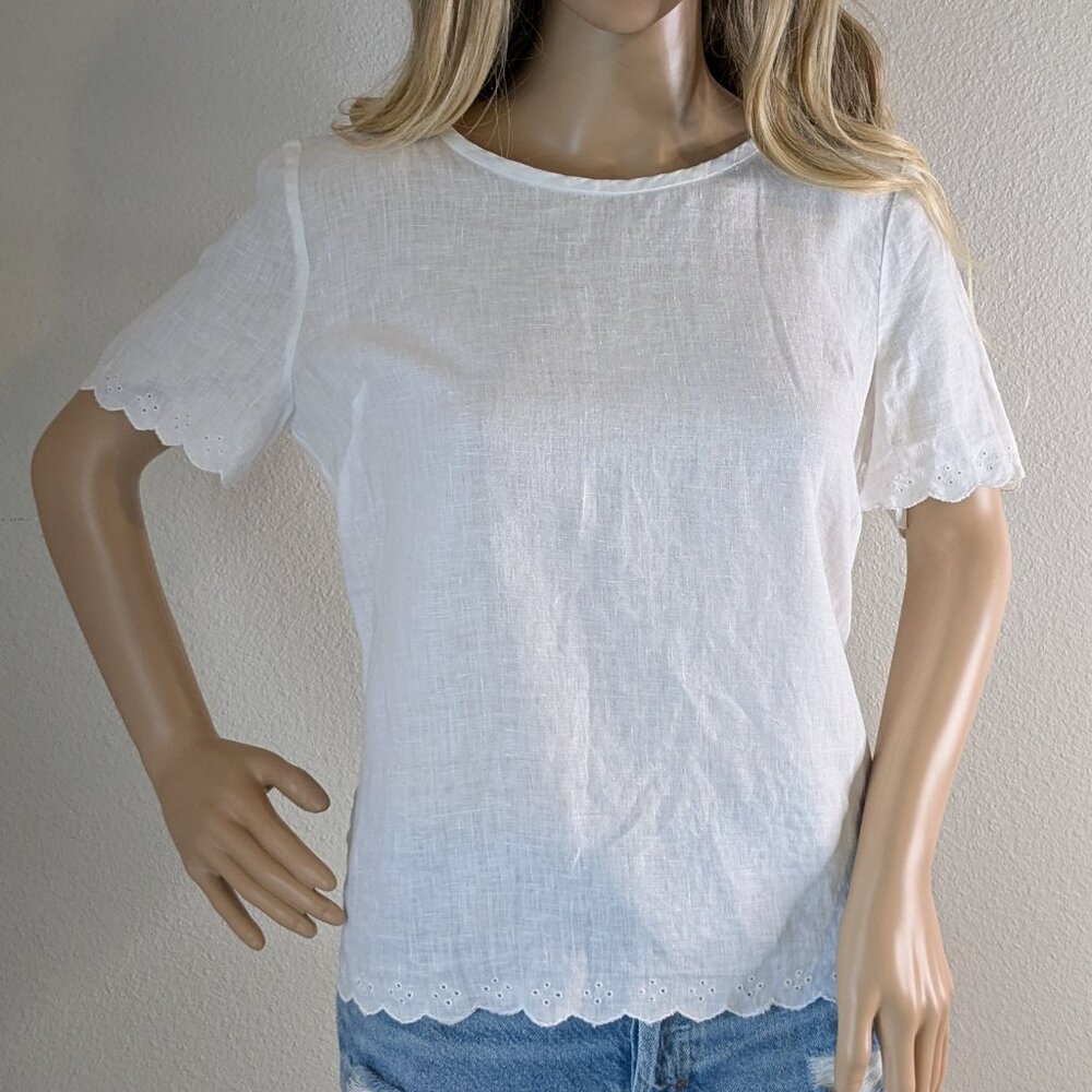 J. Crew Top Women's Size 2 White Scalloped Split-Back Linen Eyelet Blouse #C4806 - Picture 2 of 14